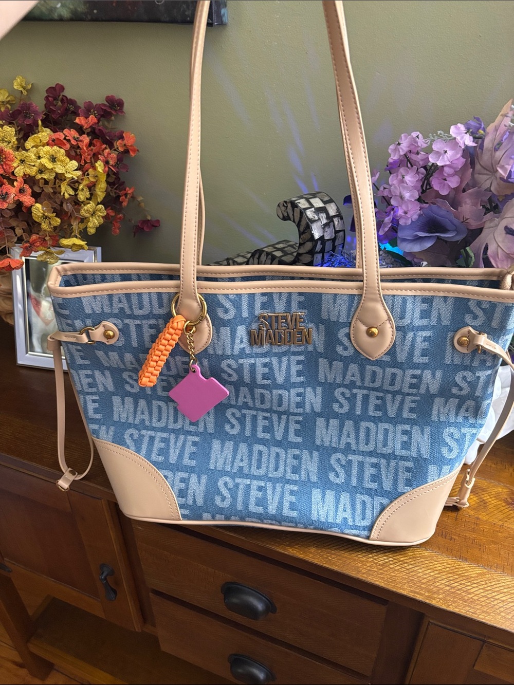 Steve Madden Light Blue Denim Logo Tote with Tan Trim and Pink Charm New